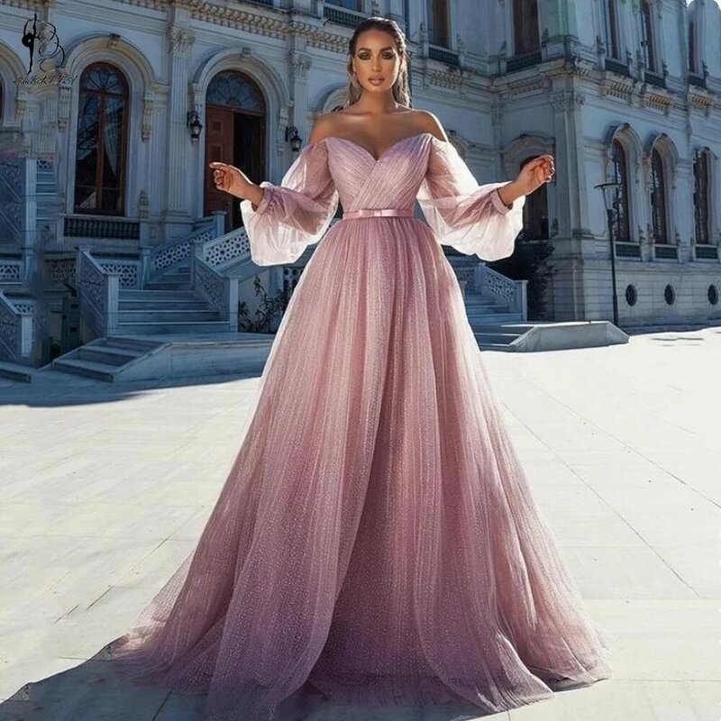 Gaun Malam Panjang Tanpa Bahu 2021 Gaun Formal Wanita Gaun Prom A-line Lengan Lentera untuk Pesta Vestidos De Fiesta