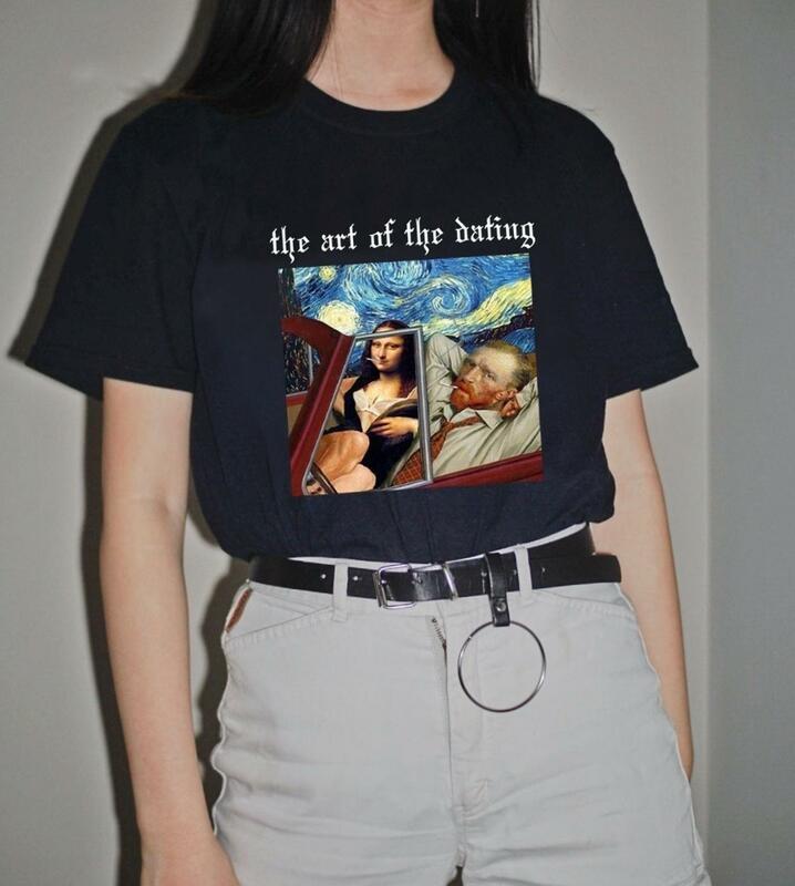 A arte do namoro impressão tshirt vintage engraçado fumar monalisa van gogh arte camisa feminina ulzzang roupas femme gráfico t
