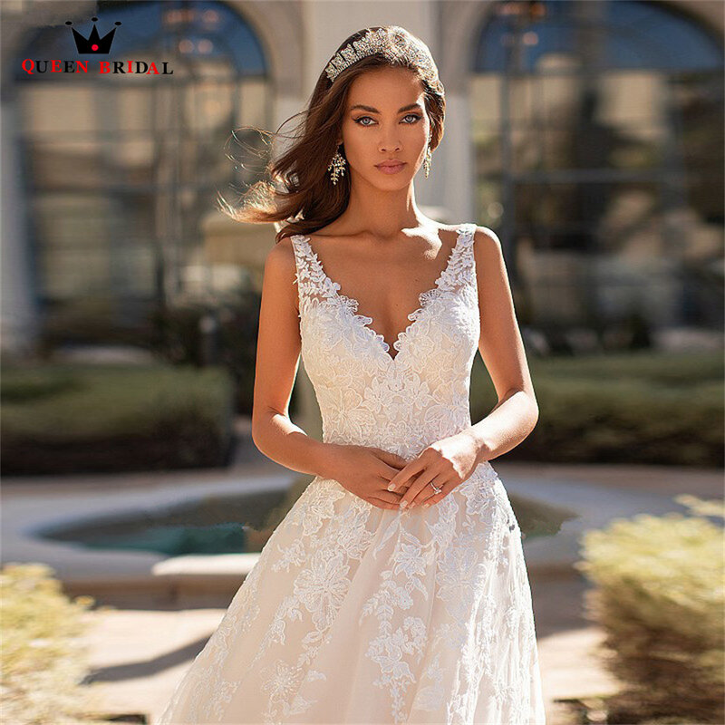 Elegant A-line Wedding Dresses Floor Length V-neck Tulle Lace Appliques Simple Bridal Gown 2022 New Design Custom Made DS52
