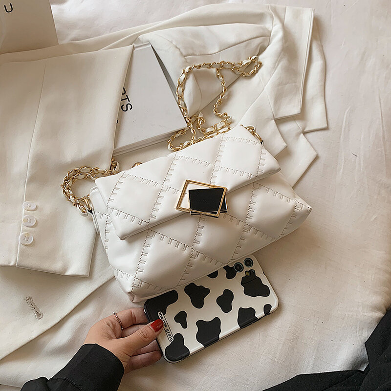 حقيبة يد فاخرة مصمم سلسلة الأبيض حقيبة كروسبودي للنساء الماس شعرية حقيبة كتف جلدية الإناث النساء رفرف أكياس كيس جديد