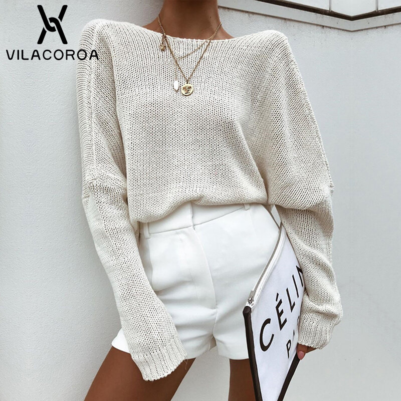 Sexy Open Back Cross Knitted Sweaters Women Casual Solid Loose Pullover Women V-Neck Batwing Long Sleeve Pullovers Sweater Tops
