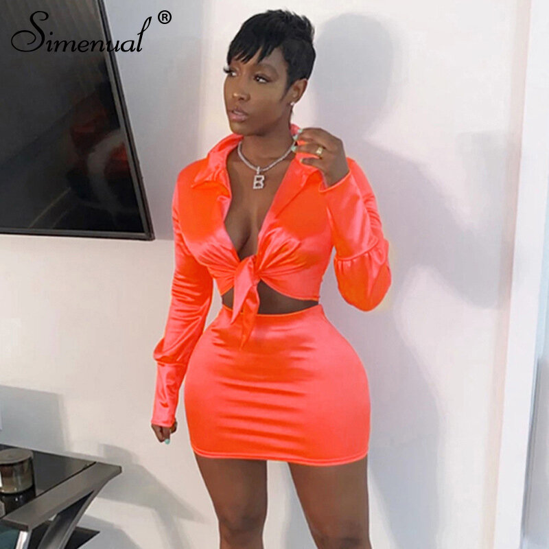 Simenual Sexy Fashion Satin Matching Sets Women V Neck Party Hot Silk 2 Piece Outfits Long Sleeve Bandage Crop Top And Skirt Set