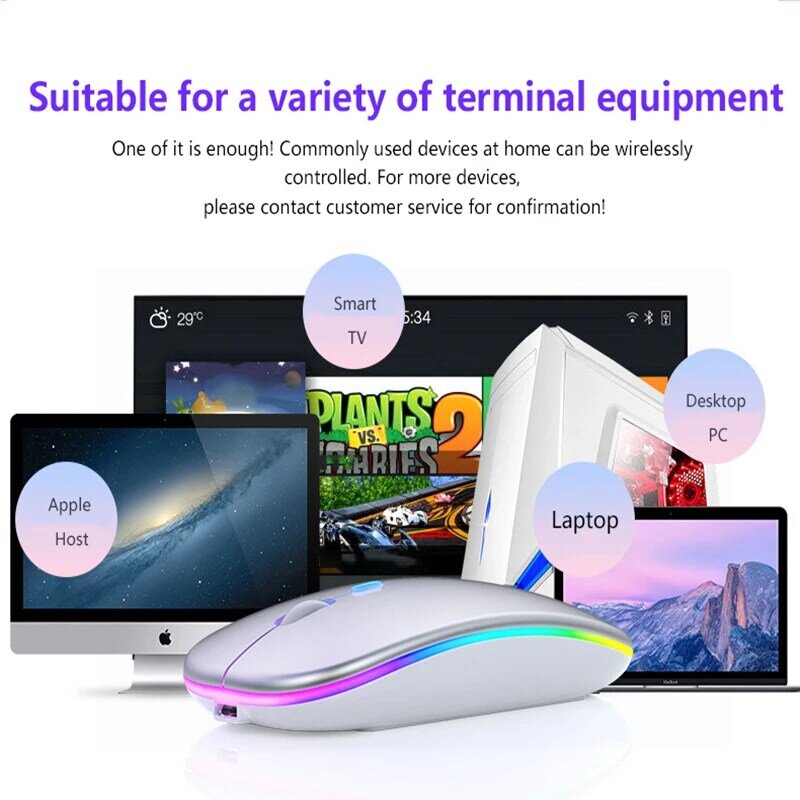 Mysz bezprzewodowa kompatybilna z Bluetooth ładowalna mysz RGB komputer cichy Mause podświetlany diodami LED ergonomiczna mysz do laptopa Pc