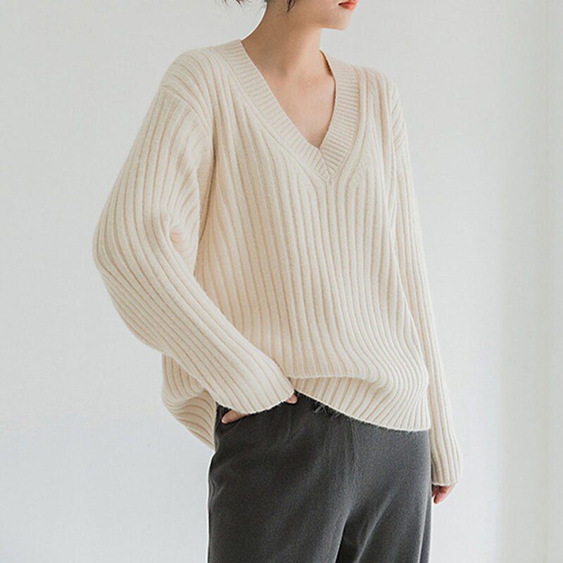 Женский свободный свитер с V-образным вырезом и длинным рукавом