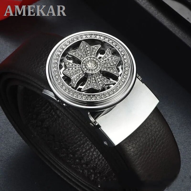 Genuine Leather Punk Design Men Belt Luxury Brand Designer Automatic Jeans Gold Silver Buckle Business Belts Continuous Rotate