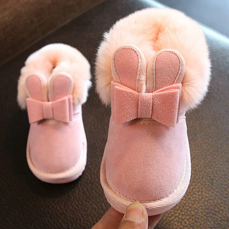 Bota de neve para meninas com pelúcia, calçado infantil princesa coelho com pelos quentes para o inverno