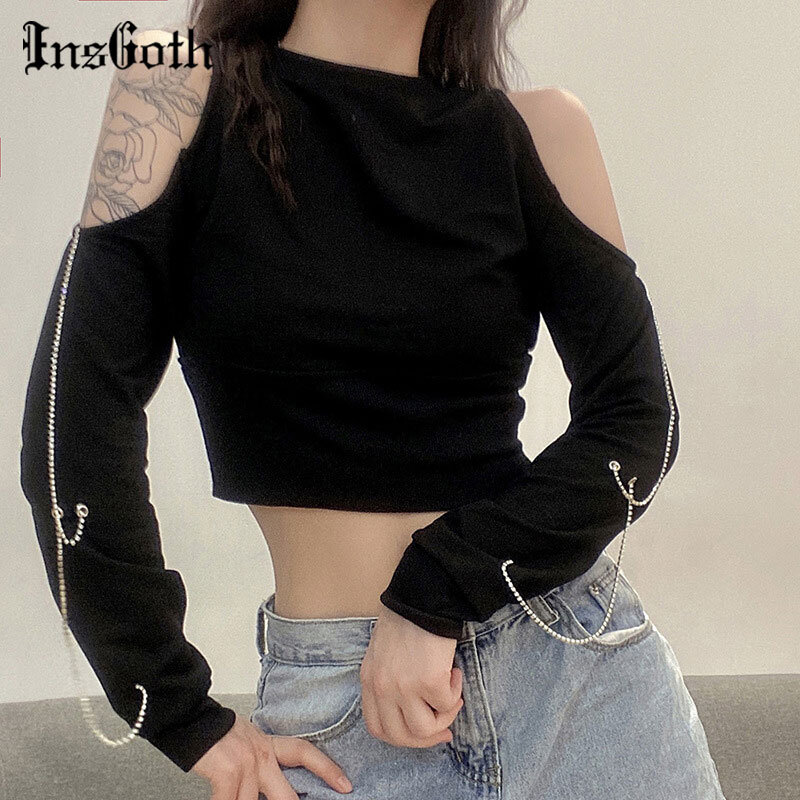 InsGoth-Tops negros sexys Punk con hombros descubiertos, ropa de calle, Top gótico con cadena, Top corto de retales Harajuku de manga larga para otoño