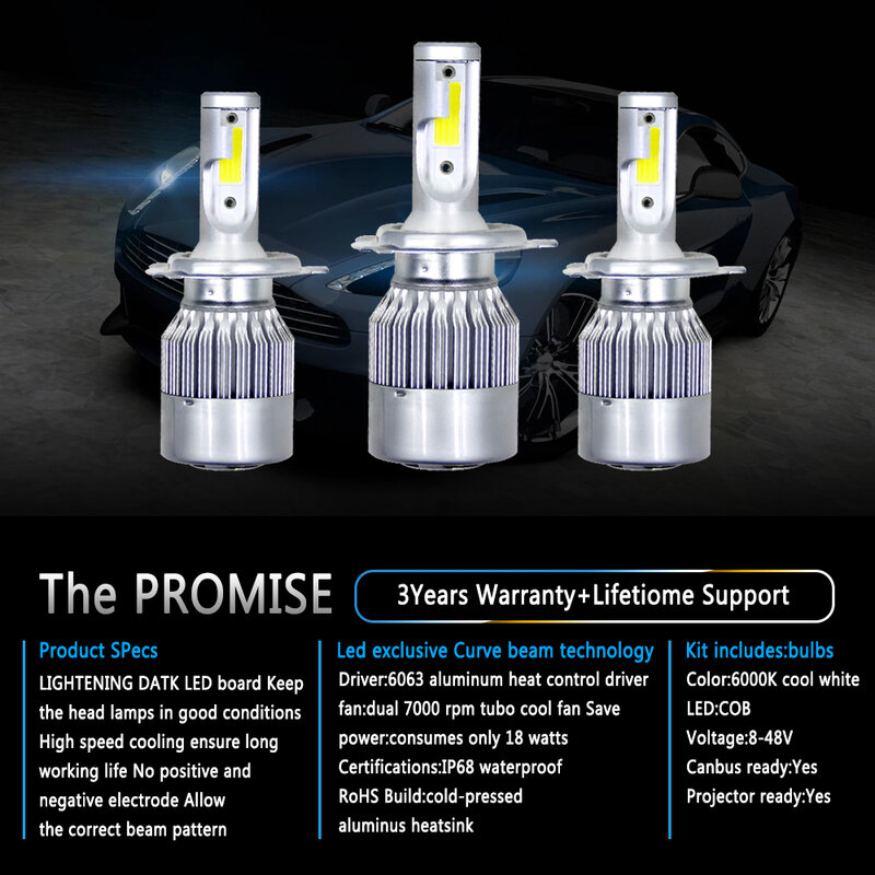 Faros delanteros LED para coche, bombillas H7 H4, Chip COB H1 H3 H11 9003 9006 72W 6000K, faros antiniebla, 12V 7200LM
