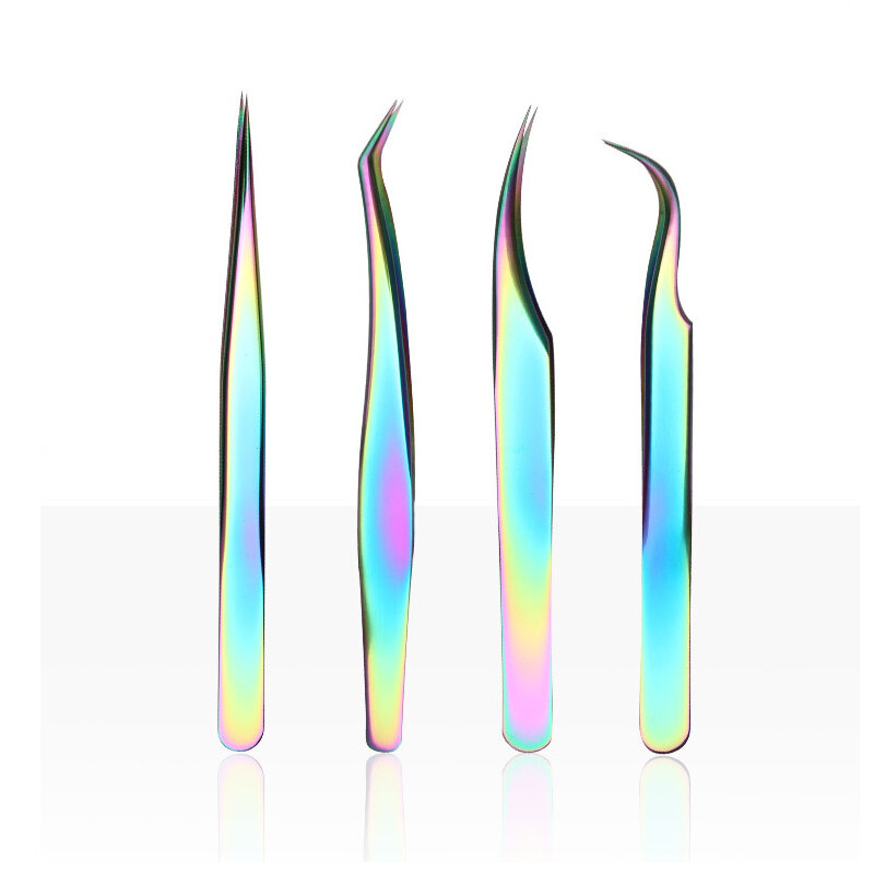 New 4PCS Stainless Steel colorful Straight + Bend Tweezer For Eyelash Extensions Nail Art Nippers Beauty Eyelash makeup Tools