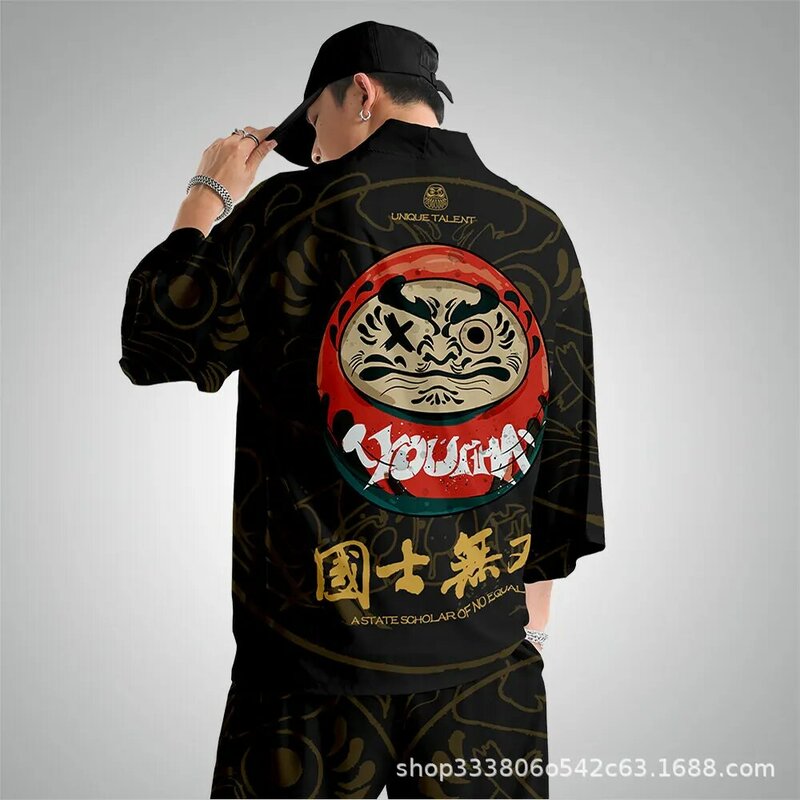 ผู้ชายญี่ปุ่นสีดำพิมพ์ Kimono Cardigan ผู้ชาย Samurai เสื้อผ้าเครื่องแต่งกายเสื้อแจ็คเก็ตและกางเกง Kimono เส...