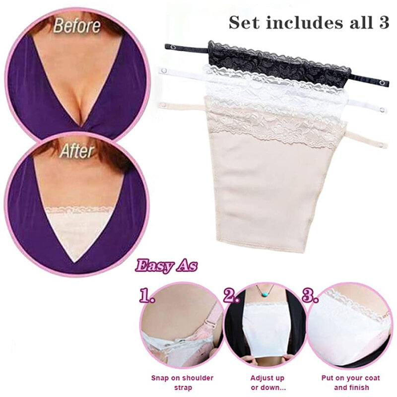 3Pcs/lot Ladies Lace Clip-on Mock Camisole Bra Insert Overlay Modesty Panel Vest Mock Camisole Bra Cleavage Coverage For Women
