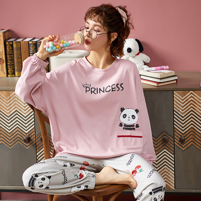 2021 Pure Cotton Pajamas Women's Autumn Winter Long-sleeved 2 Piece Set Loose and Can Be Worn Outside Cute Plus Size Home Suit