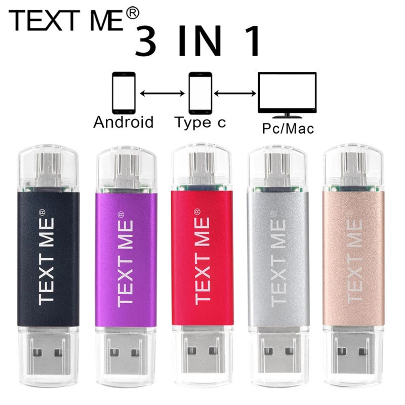 TEXT ME metal OTG 3 IN 1 Type-C pen drive 64GB flash usb memory 8GB pendrive 16GB 32GB usb flash drive 128GB OTG cle usb stick p