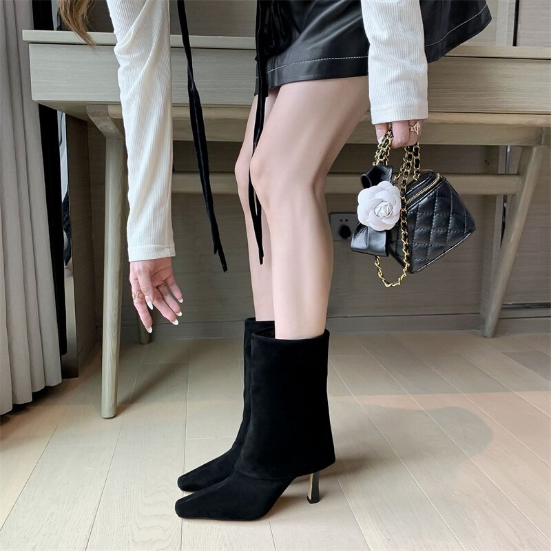 Medium Boots 2021 Autumn And Winter Fashion Wide Boots Cuffed Thin Heels High Heels Small Square Head European And American Wome