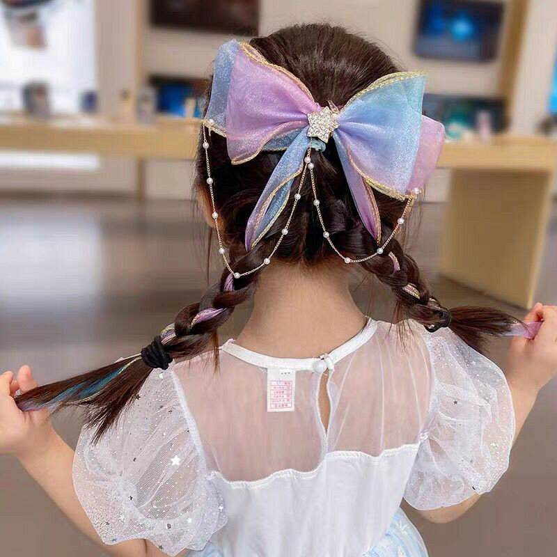 1Piece Korean Girls Bow Hair Clips Gradient Long Ribbon Hair Accessories Pearls Star Shiny Diamond Hairgrips Princess Hairpins