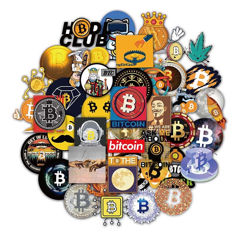 50 sztuk/zestaw Cartoon Bitcoin szyfrowana wirtualna waluta BTC naklejki na kask Kid Diy Laptop mieszana walizka deskorolka