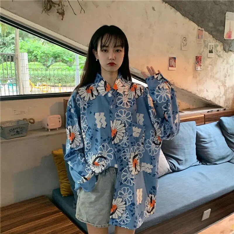 HOUZHOU Shirts 여성 하라주쿠 빈티지 Y2k 탑 미적 블라우스 스트리트 스타일 한국 패션 긴 소매 카디건 여성 New 2021