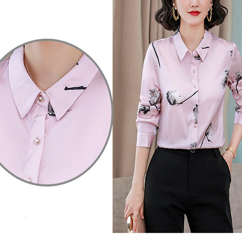 Primavera camisa feminina manga longa topos para as mulheres vintage impresso floral seda roupas femininas 2021 botão até polo pescoço camisas básicas