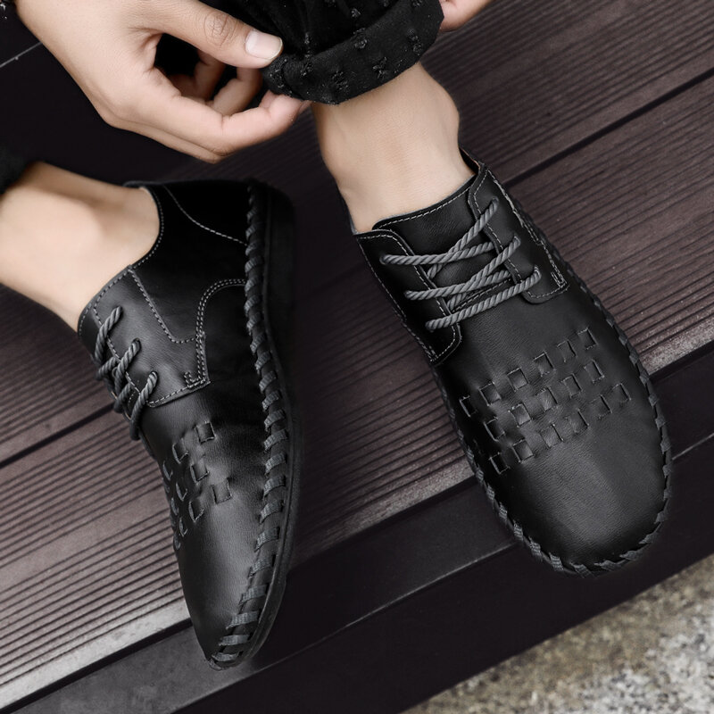 Men's genuine Leather Casual Shoes Sneakers handmade sewing Light Hard-Wearing lace up Breathable fashion Shoes big size 48 j3