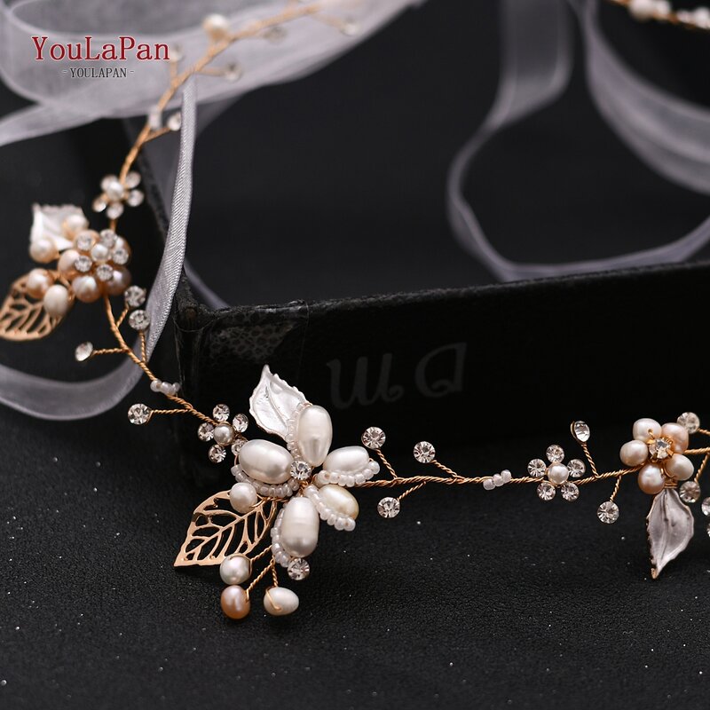 TOPQUEEN Crystal Hair Vines Floral Hair Pieces for Women Wedding Vine Headband Bridal Headband with Ribbon Hair Jewelry HP313