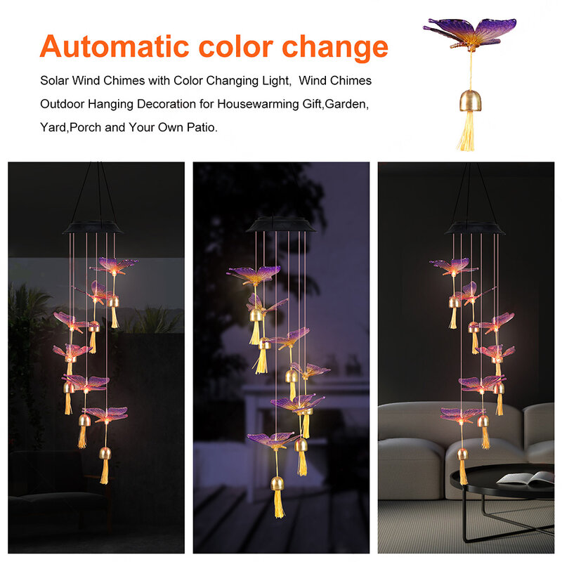 Solar Power LED Wind Bell, Lighting Solar Wind Chimes Butterfly-Shaped Solar Wind Chimes Decorating Windows Balconies (6 Bells)