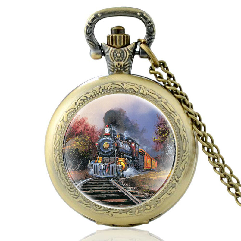 Jam Tangan Saku Kepribadian Steampunk Lokomotif Kuarsa Hitam Antik Pria Wanita Liontin Kalung Hadiah Perhiasan