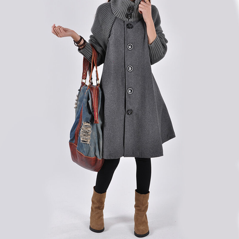 Woolen Trench Coat Women's Autumn Winter Plus Size  Long Loose Knitting Clothing Mid-length Single Breasted Woolen Coat Cloak