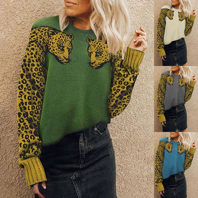 Jersey de manga larga de punto para mujer, Jersey holgado de moda, suéter de Color con estampado de leopardo, novedad de otoño, 021