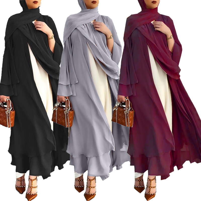 Gaun Kaftan Maroko Turki Dubai Jubah Kardigan Muslim Jubah Kasual Wanita Sifon Ukuran Plus Pakaian Wanita Pakaian Islami