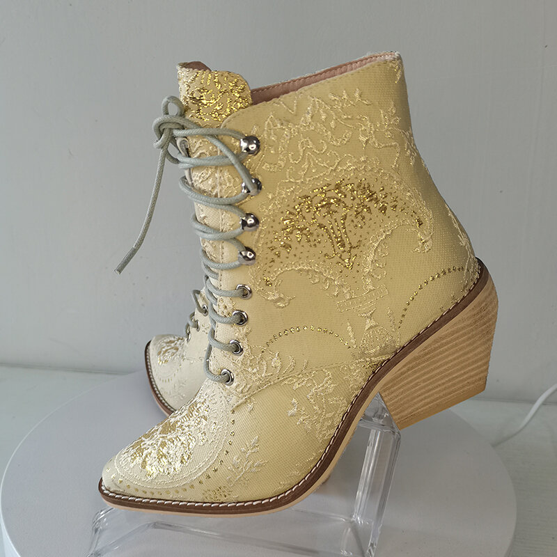 Bota ankle boot feminina plus size 22-26.5cm, comprimento flores bordadas, estilo chinês, primavera e outono