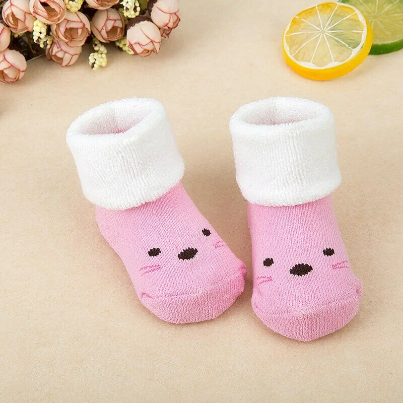 Meias infantis felpudas de algodão para bebê, meias grossas com animais rosa, coelho urso para crianças de 1-3 anos, outono e inverno