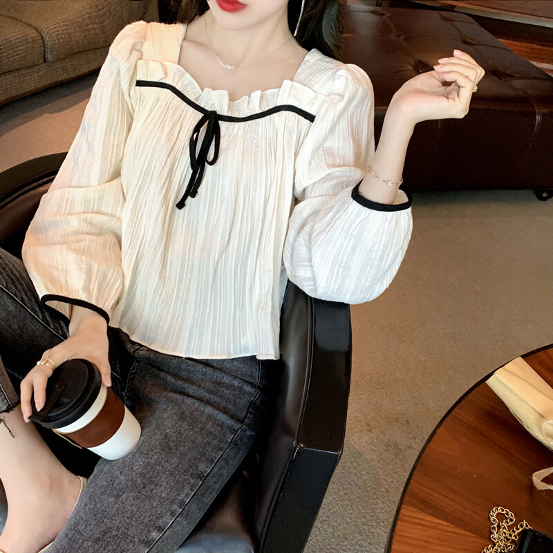 Hebe & Eos damska bluzka koreański moda z długim rękawem kwadratowy kołnierzyk szykowne bluzki Casual Women topy bluzki i koszule japonia 2021