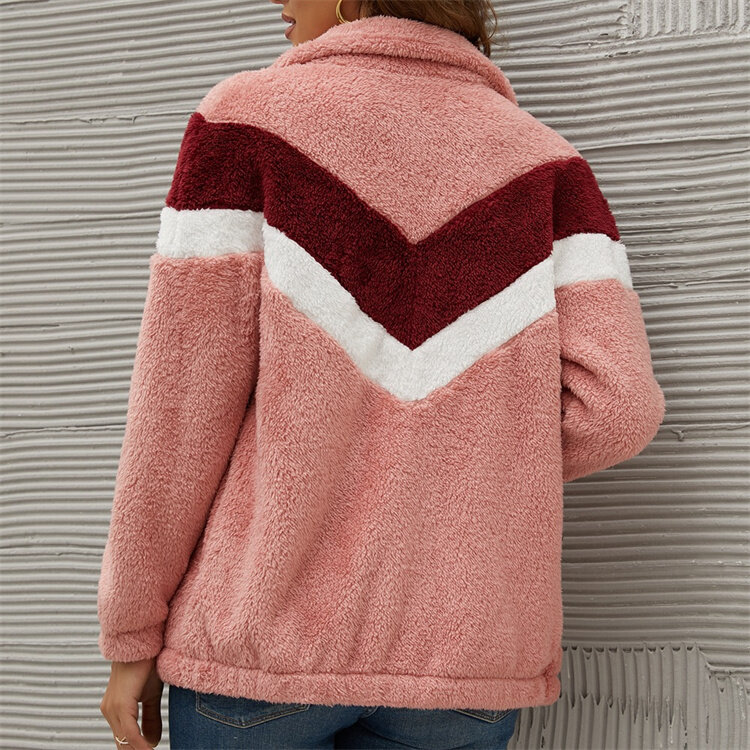 Suéter de felpa para mujer, cárdigan con cremallera, abrigo de lana de Color de contraste, chaqueta cálida, ropa de moda, otoño e invierno, novedad de 2021
