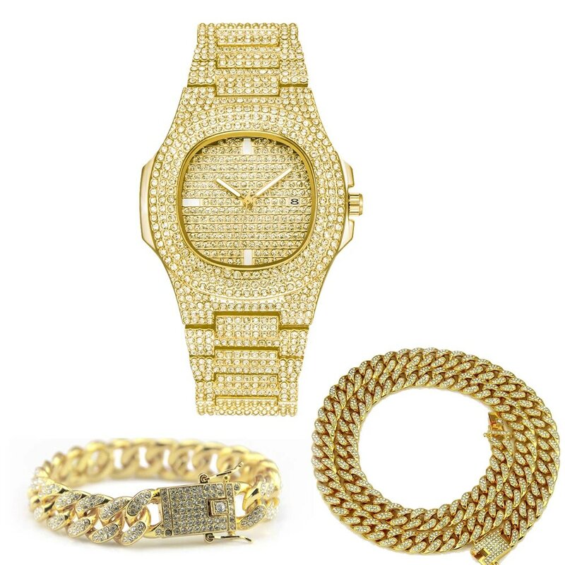 Hip Hop Jewelry Sets For Unisex Iced Out Diamond Watch for Women Fashion Men's Quartz Watches Gold Clock Male Bracelet Necklace