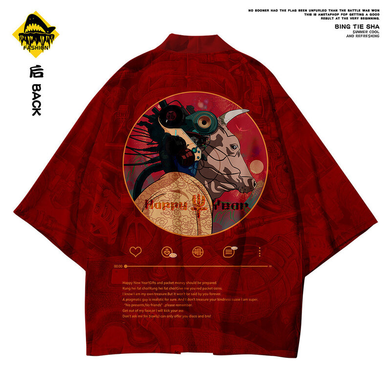 Casaco de quimono de impressão vermelha casual e calça harajuku japonês homem streetwear tradicional topo
