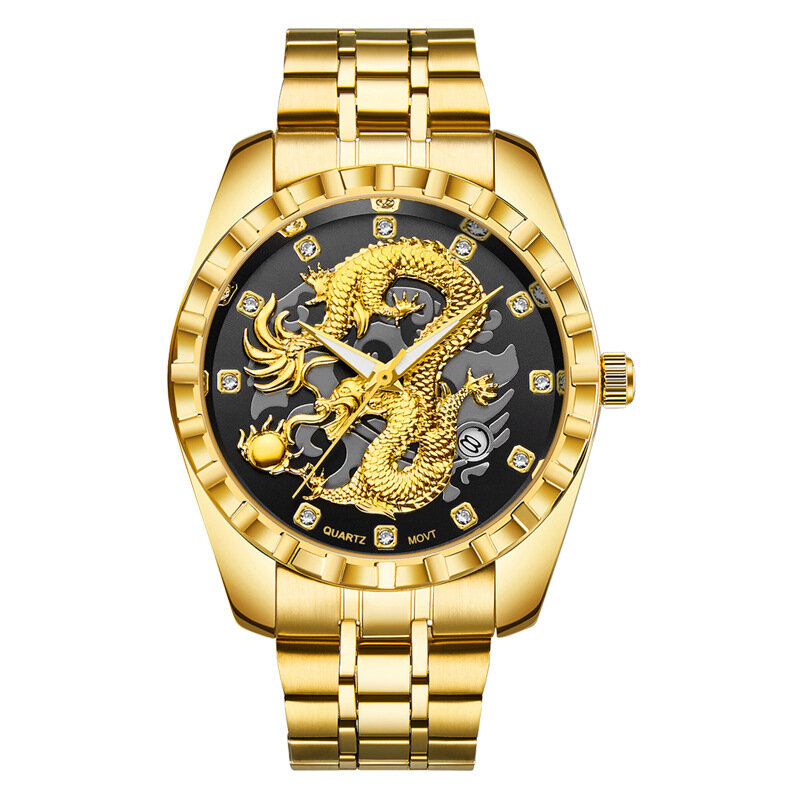 Reloj de cuarzo con diseño de dragón dorado para hombre, cronógrafo con correa de acero a la moda, resistente al agua hasta 30M, nuevo, 2021