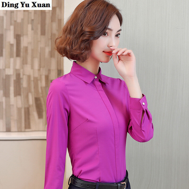 مكتب السيدات قميص طويل الأكمام الكورية نمط المرأة الربيع الخريف الرسمي العمل بلوزات بلوزات أسود أبيض أزرق وردي أرجواني