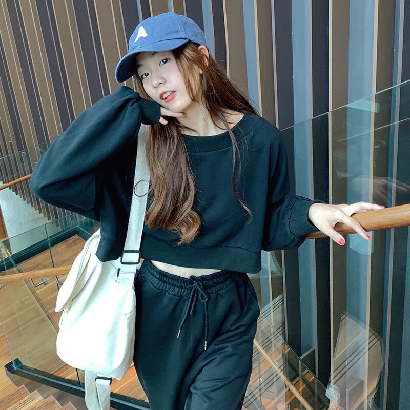 Feminino terno de esportes outono coreano moda nova solto curto manga comprida camiseta feminina kol moda