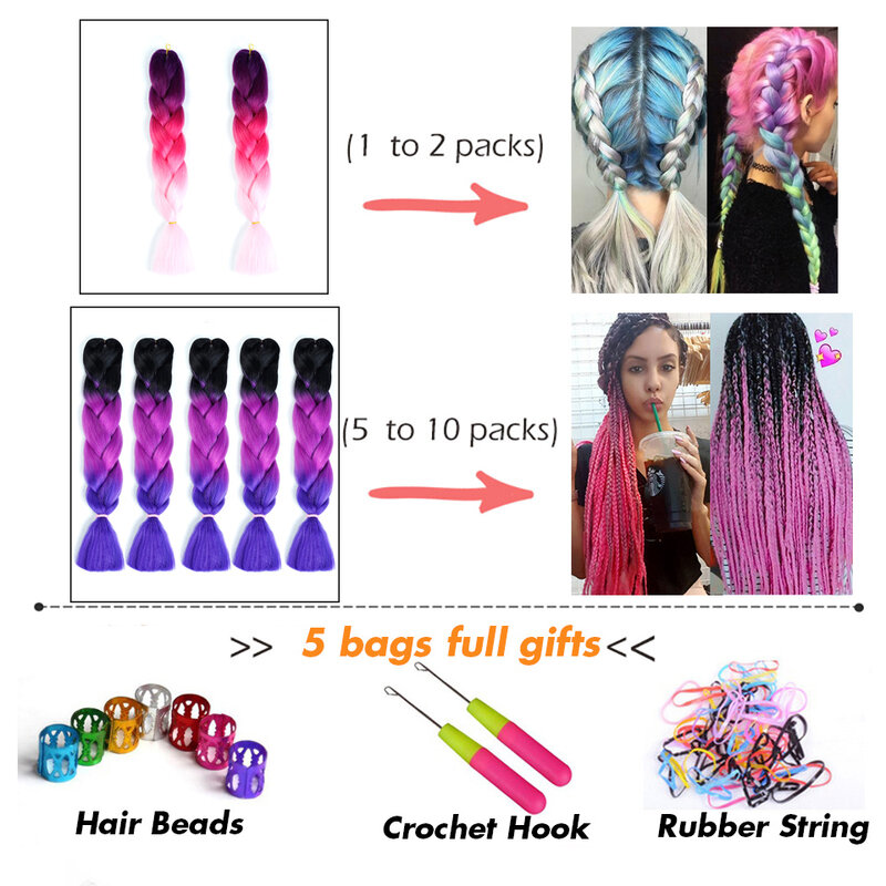 LUPU 24inch 100g Synthetic Braiding Hair Extensions Jumbo Braids Tress Strands Of Hair Long Ombre Pink Purple Blonde Wholesale
