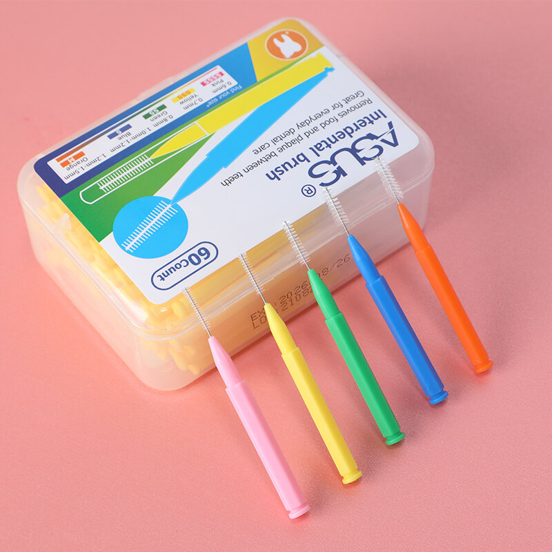 60 pces 0.6-1.5mm interdental escovas de cuidados de saúde dente push-pull escova remove alimentos e placa melhor dentes higiene oral ferramenta