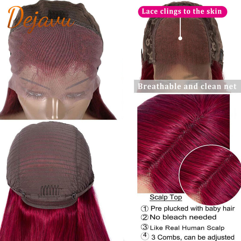 Perruque lace Front Wig Body Wave naturelle Remy – bordeaux 99J, 13x4, pre-plucked, avec Baby Hair, pour femmes