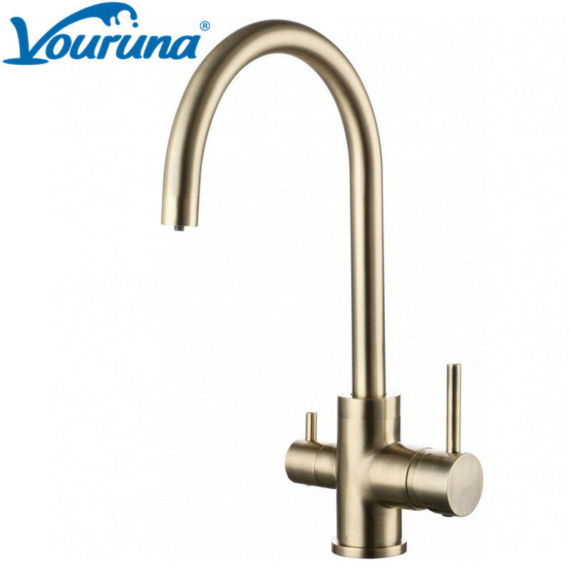 Vouruna Drinking Water Sink Mixer Three Way Kitchen Faucet Tri Flow Filtered Tap Brushed Golden