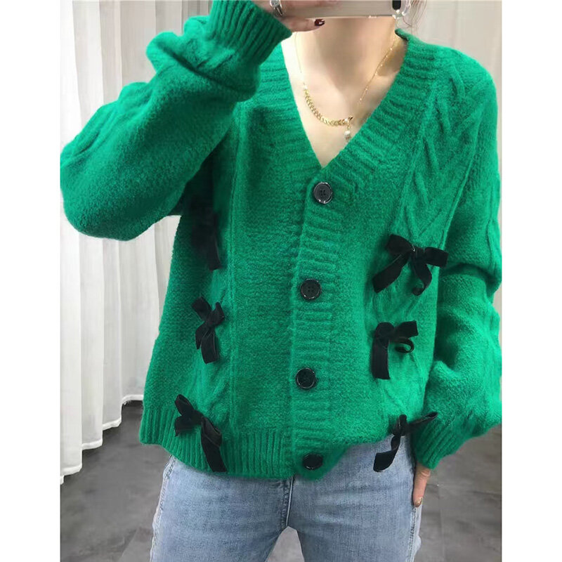 Cardigan tricoté ample à simple boutonnage, joli pull à nœud, veste assortie avec tout, nouvelle Version coréenne, automne et hiver, 2021