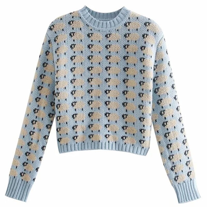 Suéter feminino manga comprida gola redonda estampa de animais pequena ovelha blusa curta tricô x3ue