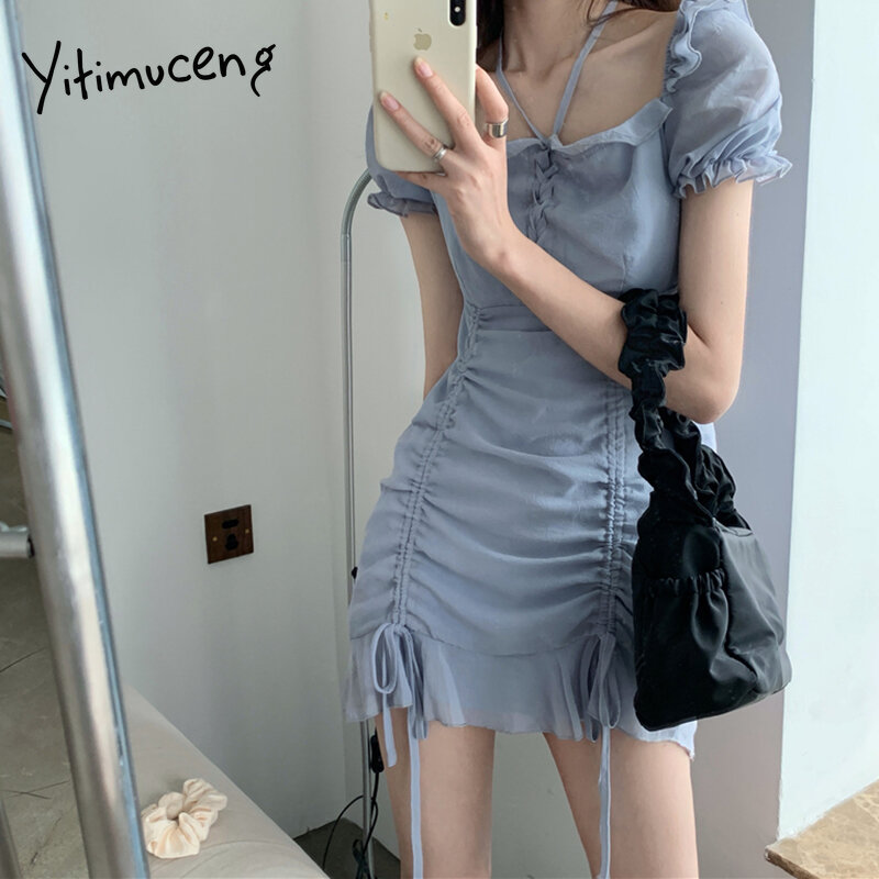 Yitimuceng 여성용 드로우 스트링 드레스 여름 2021 새로운 한국 패션 쉬폰 미니 드레스 스퀘어 칼라 솔리드 블루 Sundress