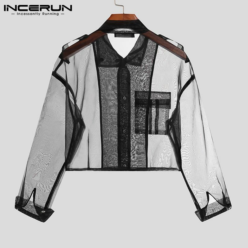 INCERUN 탑스 2021 세련된 신사복 섹시한 블라우스 아메리칸 스타일 시스루 파티 나이트 클럽 통기성 메쉬 짧은 얇은 셔츠 S-5XL