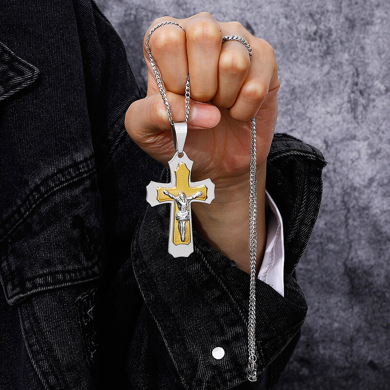 Jesus Crucifix Cross Pendant Necklace Men Gold Stainless Steel Male Punk Necklaces Jewelry Gifts