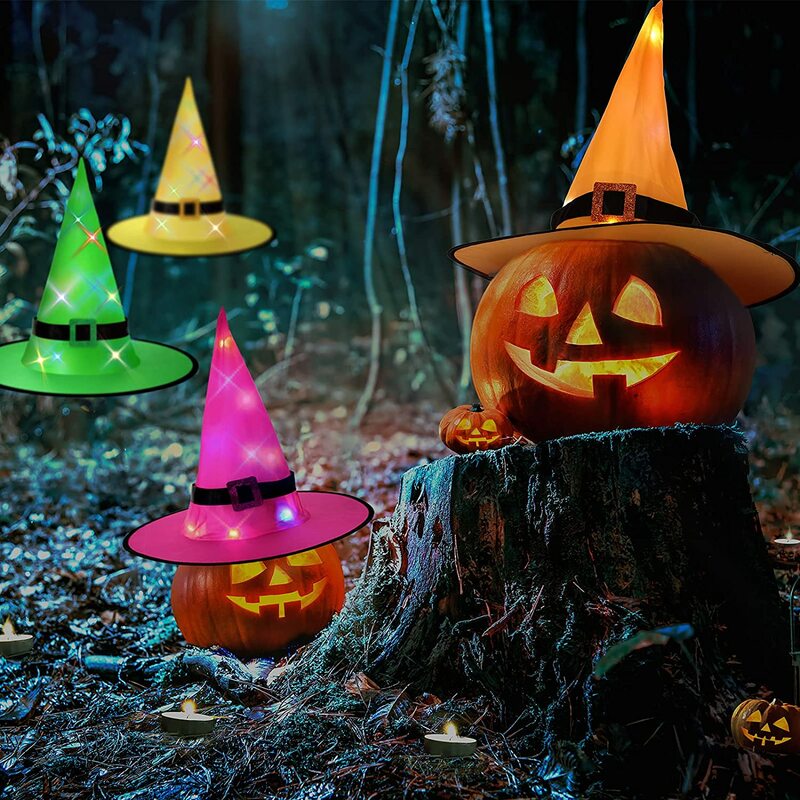 Do zawieszenia na Halloween oświetlony kapelusz wiedźmy dekoracje dekoracje na Halloween świecące kapelusz wiedźmy światła zasilanie bateryjne wiszące oświetlone
