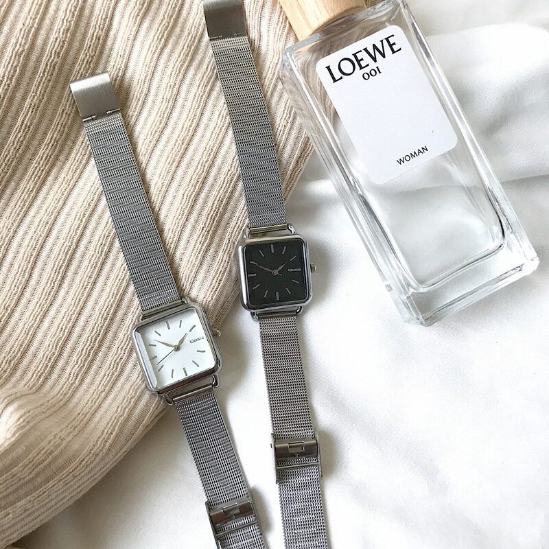 Moda feminina relógios quadrados design minimalista senhoras quartzo wrsitwatches ulzzang ouro prata aço inoxidável malha cinta relógio