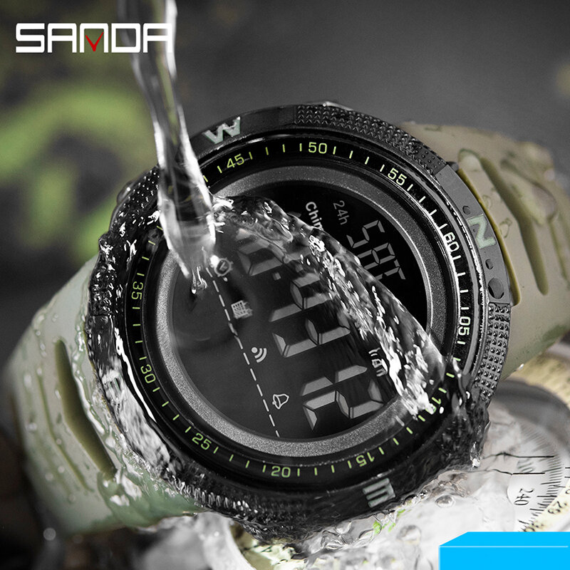 SANDA-남성용 밀리터리 스포츠 시계, 육군 전자 LED 디지털 손목시계, 남성용 시계